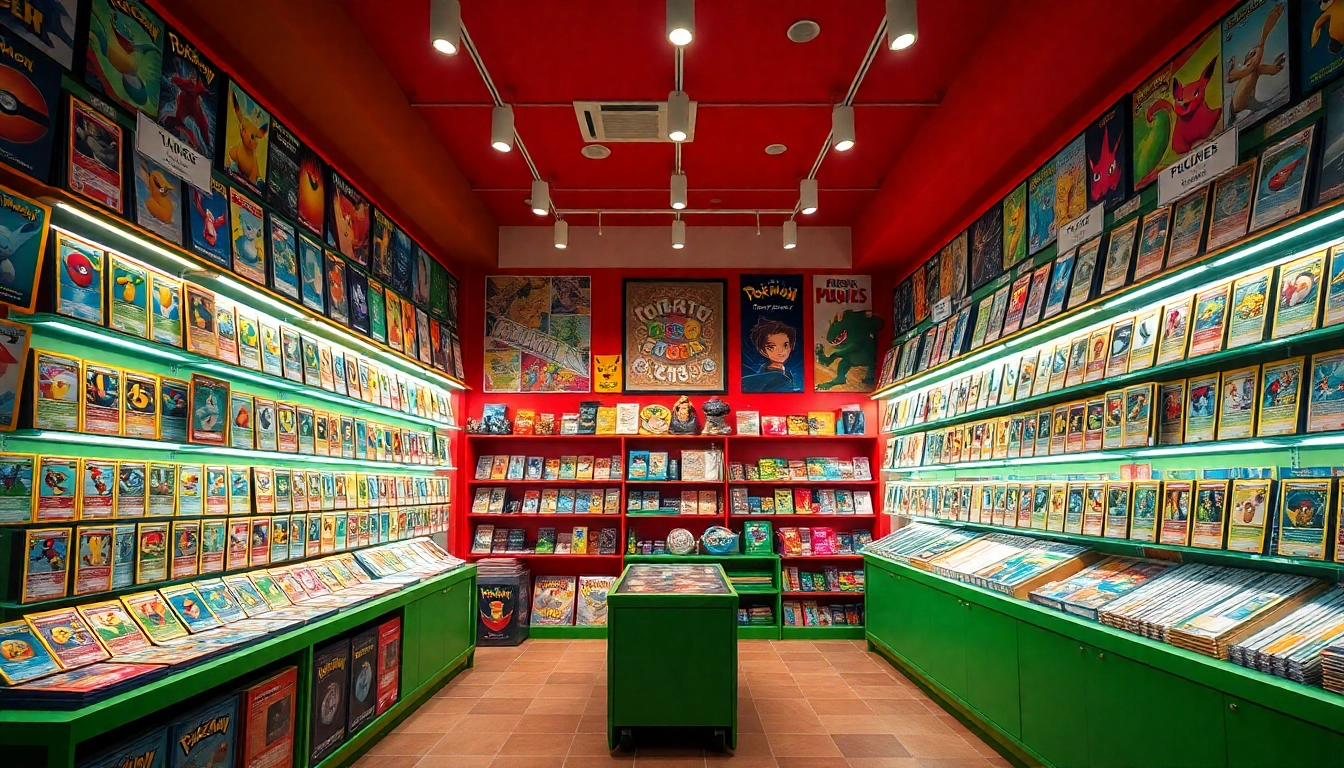 Explore an array of Real Pokemon Cards in India showcased in a vibrant card shop, perfect for collectors.